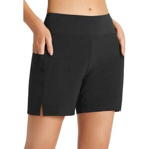 🆕Women's Black Polyester Quick Dry High Waisted Swim Board Shorts UPF 50+ Liner